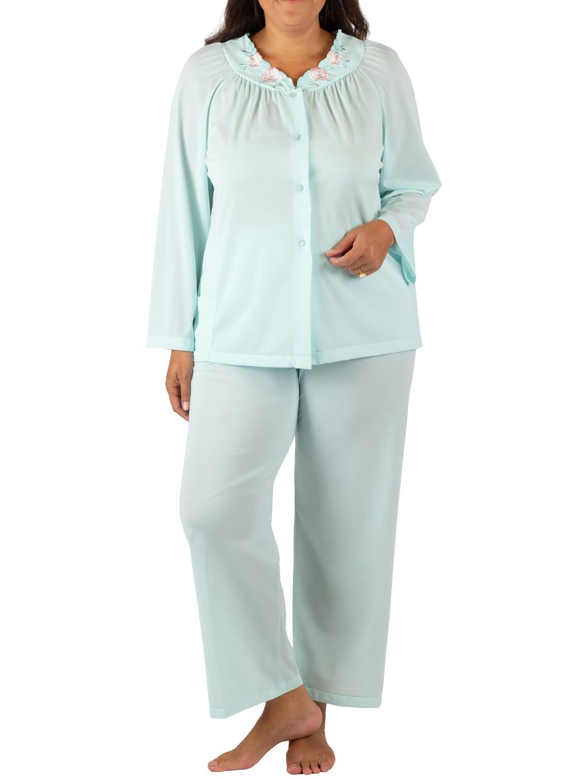 Shadowline Women's Plus-Size Petals Long Sleeve Pajama, Sea Foam, 46